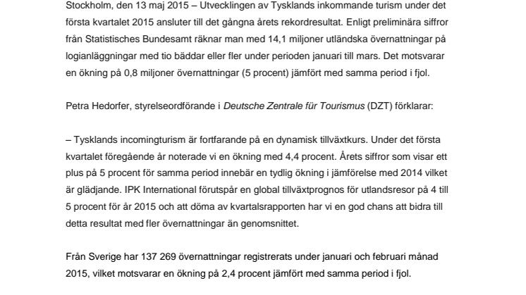 Tysklands incomingturism ökar med fem procent första kvartalet