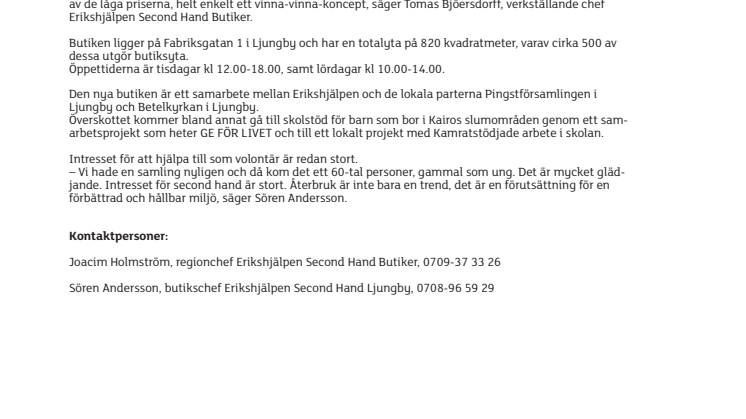 Erikshjälpen Second Hand öppnar butik i Ljungby