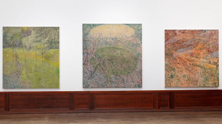 Installationsvy med verk av Ebba Svensson: Krapperups damm, 2023, Spegling i snår, 2024, Utsikt, 2024. Foto: Felix Berg, Galleri Magnus Karlsson