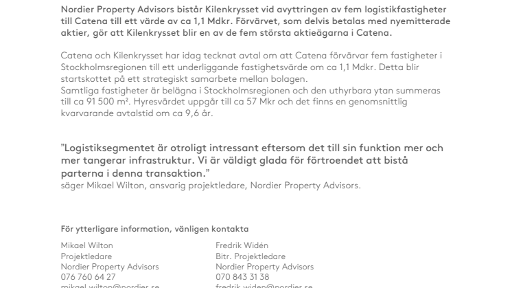 Kilenkrysset avyttrar logistikfastigheter  till Catena