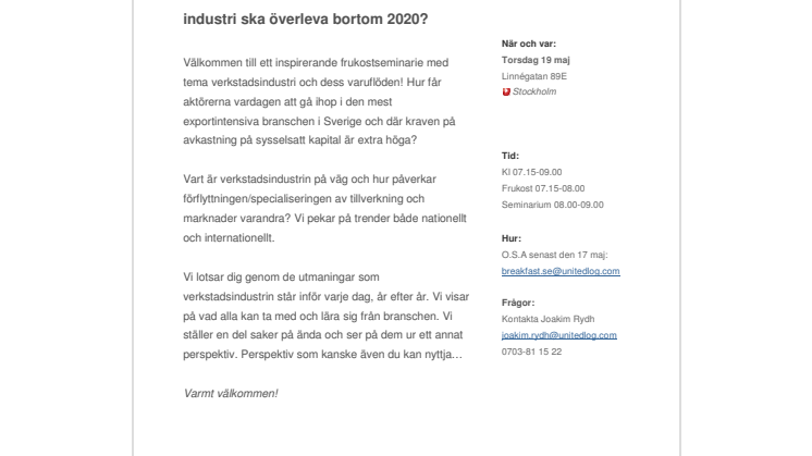 Verkstadsindustrin år 2020 - Inbjudan till frukostseminarium
