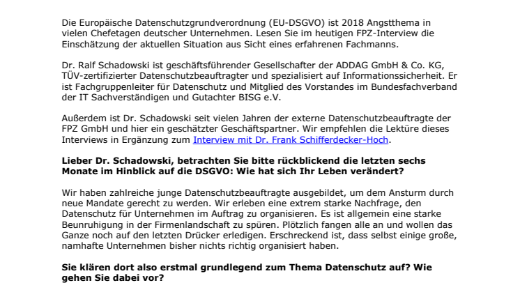 Interview mit Dr. Ralf Schadowski:  Externer Datenschutzbeauftragter der FPZ zur DSGVO