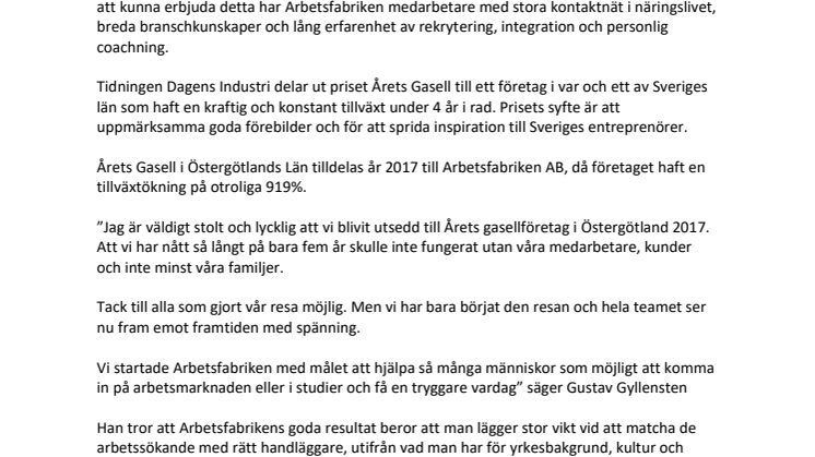 Arbetsfabriken är Årets Gasell i Östergötland 2017