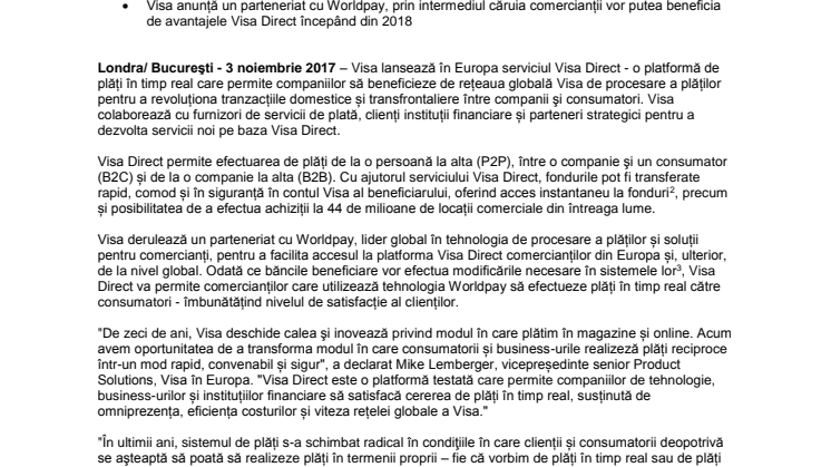 Visa transformă plățile din Europa prin Visa Direct – o platformă de plăți în timp real cu anvergură globală