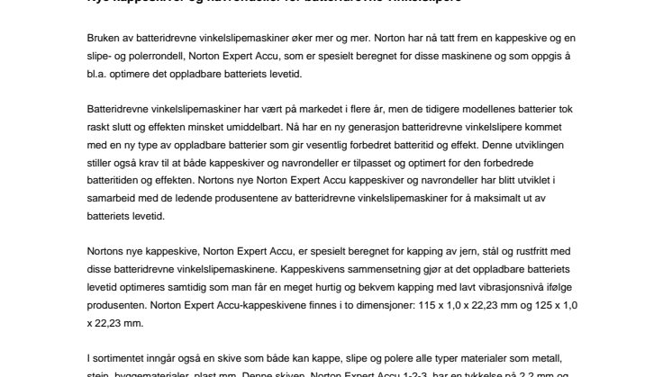 Nye kappeskiver og navrondeller for batteridrevne vinkelslipere