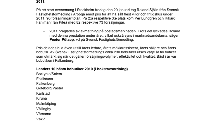 Mäklare från Arboga sålde flest villor och fritidshus under 2011 
