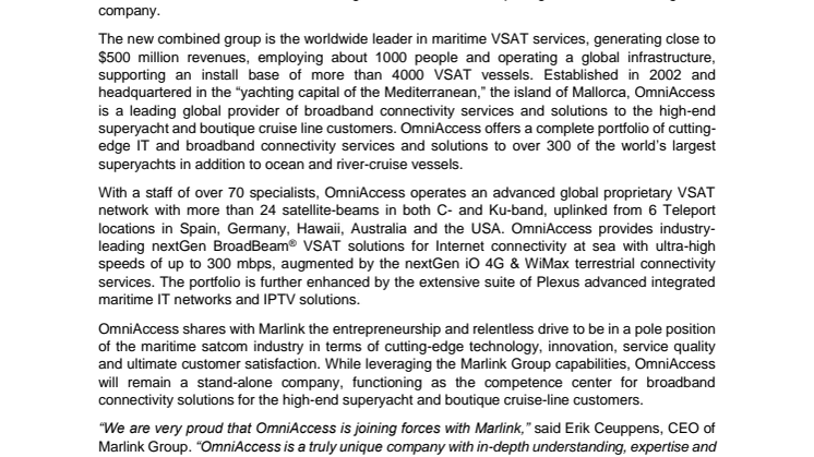 Marlink: Apax-backed Marlink and OmniAccess join forces to create the leading maritime VSAT company