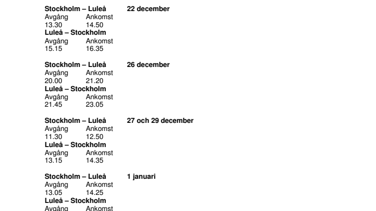Fem extra avgångar till Luleå inför jul och nyår