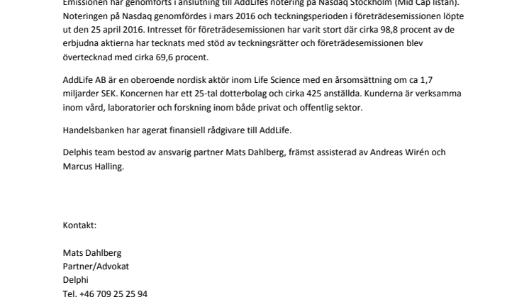 Delphi rådgivare åt AddLife AB vid företrädesemission 
