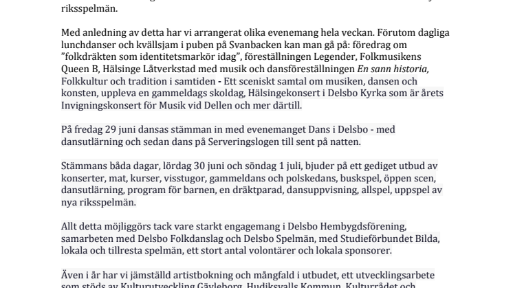 Delsbostämman - Världens Stämma 2018, med zornmärkesuppspelningar och Riksspelmansstämma
