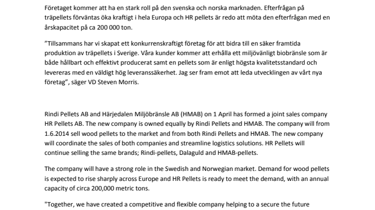 HR Pellets AB - Nytt säljbolag för Härjedalens Miljöbränsle AB och Rindi Pellets AB