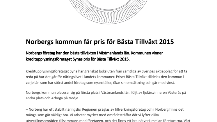 Norbergs kommun får pris för Bästa Tillväxt 2015