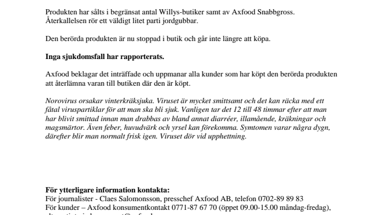Axfood återkallar Begro frysta jordgubbar