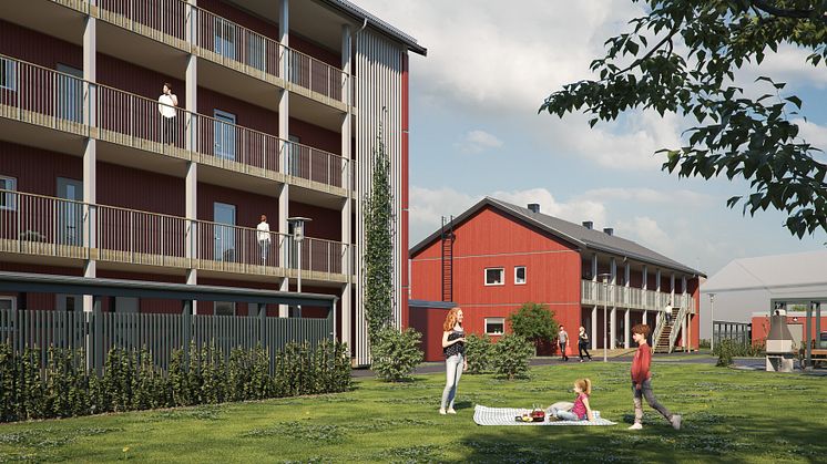 Illustration av entrésida med härliga grönytor, BoKlok Orangeriet i Vänersborg. 