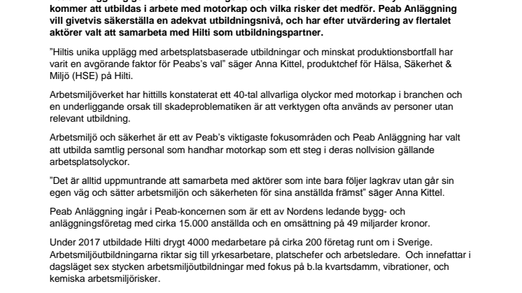 Peab Anläggning väljer Hilti som leverantör av motorkapsutbildningar.