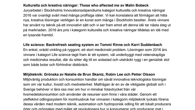 Vinnare av Stockholms Innovationsstipendium 2016 - Motiveringarna