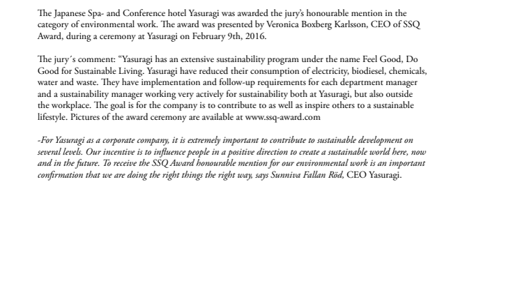 Yasuragi receives honourable mention in SSQ Award 2015 for extensive environmental work