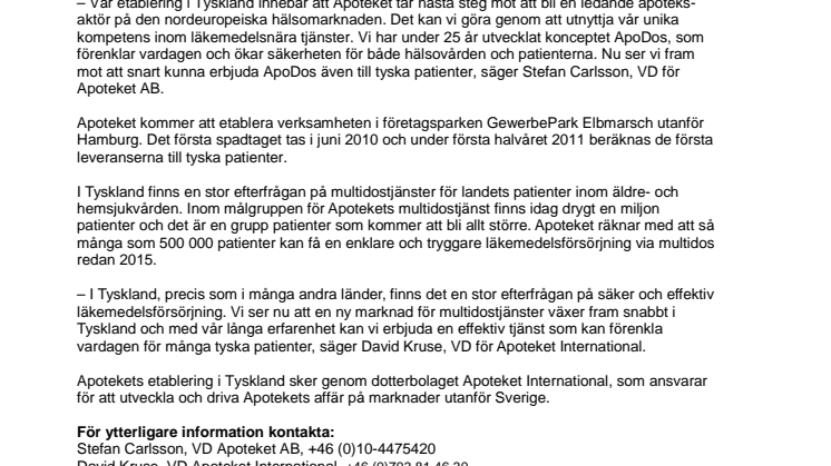Apoteket AB etablerar verksamhet i Tyskland