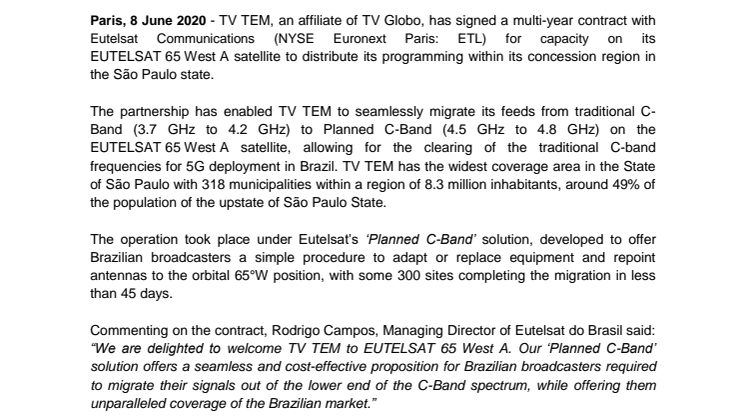 TV TEM selects EUTELSAT 65 West A to assure continuity of content distribution following C-band re-purposing in Brazil 