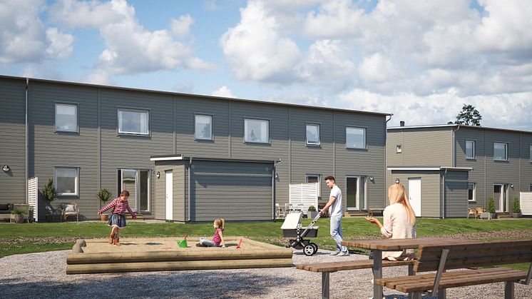 Illustration av trädgårdssida med lekplats och grönytor, radhus i BoKlok Biodlaren, Göta.
