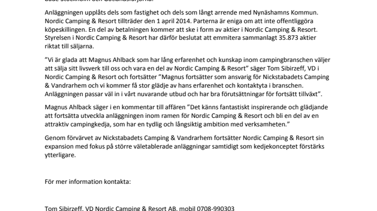 Nordic Camping & Resort AB förvärvar Nickstabadets Camping i Nynäshamn.