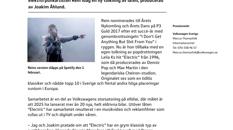 Artisten Rein tolkar Leila Ks klassiker ”Electric” för Volkswagens elbilar