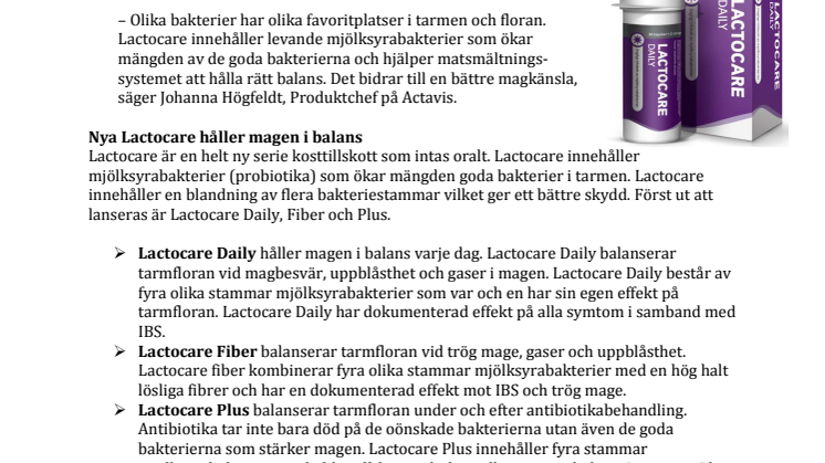 Nyhet! Lactocare med mjölksyrabakterier håller magen i balans