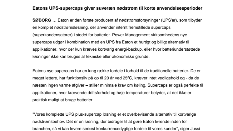 Eatons UPS-supercaps giver suveræn nødstrøm til korte anvendelsesperioder