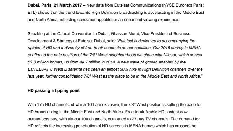 Eutelsat 7/8° West neighbourhood sets the pace for HDTV across Middle East and North Africa