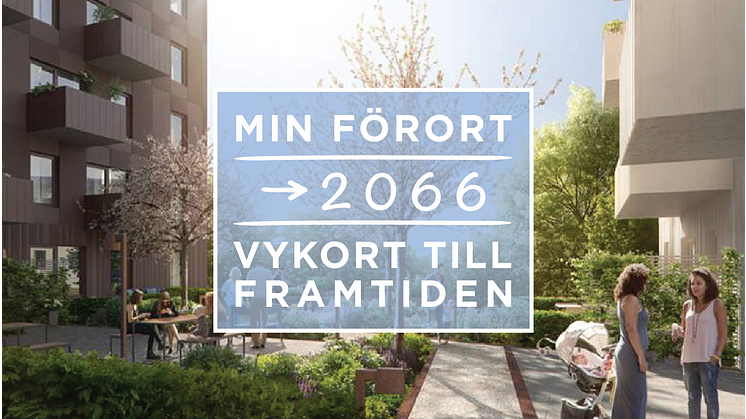 Vykortens framsida. Positivt framtidsfokus när Titania börjar bygga Tingstorget i förorten Alby.