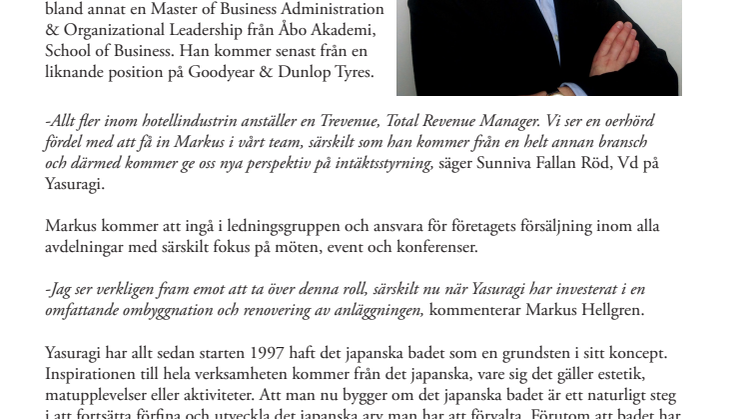 Yasuragi anställer Markus Hellgren  som ny Trevenue Manager