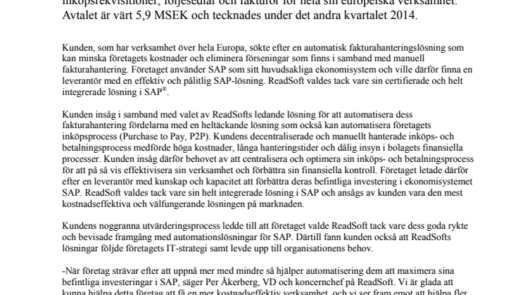 ReadSoft tecknar avtal värt 5,9 MSEK med stor europeisk bank