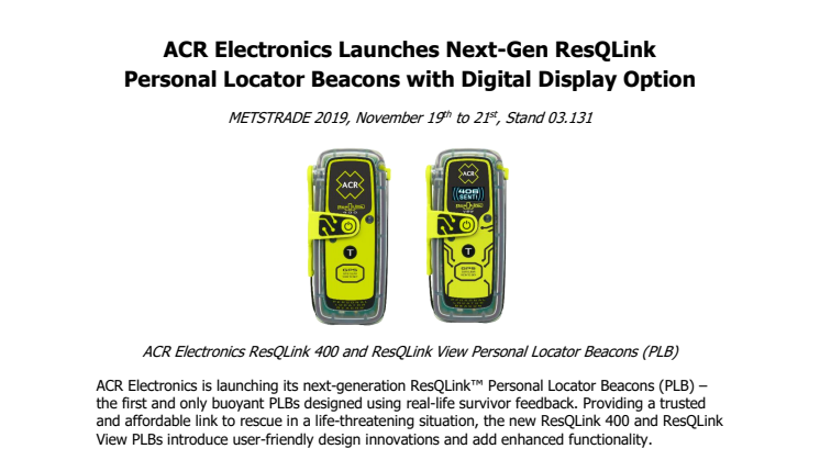 ACR Electronics Launches Next-Gen ResQLink Personal Locator Beacons with Digital Display Option
