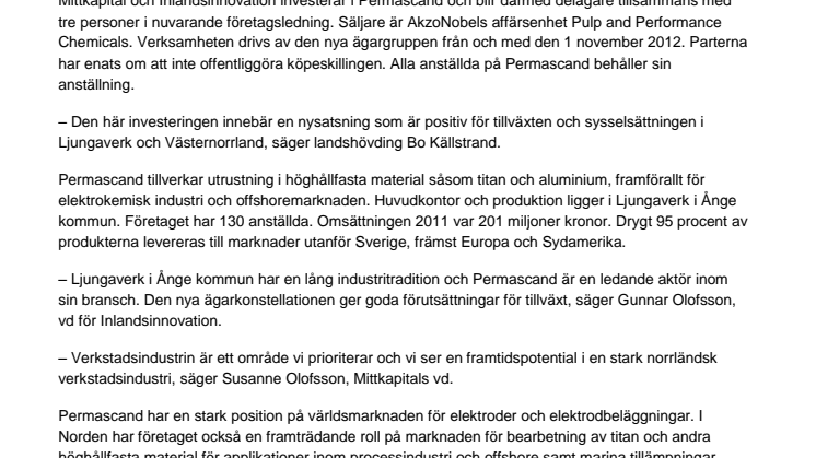 Permascand tar in ägarkapital från Inlandsinnovation och Mittkapital      