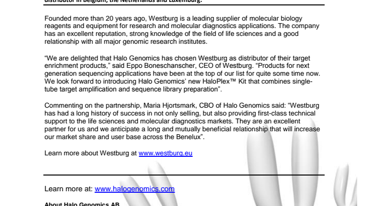 Halo Genomics appoints Westburg B.V. as the distributor in Benelux