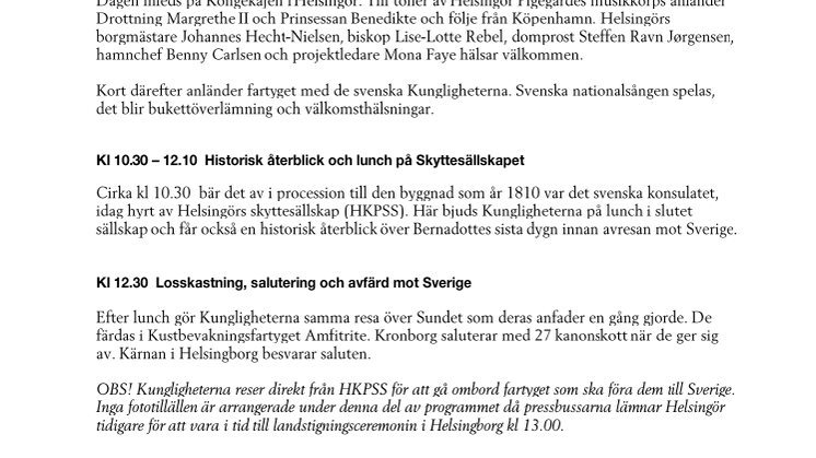 Program för Kungligt besök, Jubileumsdagen Helsingborg 20 oktober