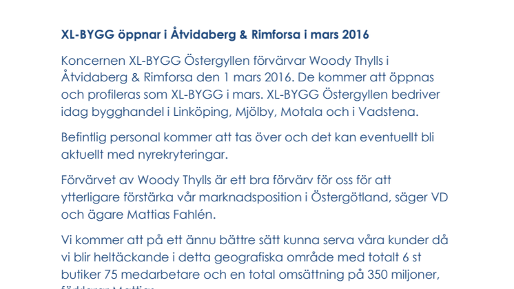 XL-BYGG öppnar bygghandel i Åtvidaberg & Rimforsa 14:e april 2016
