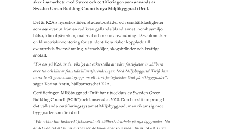 K2A genomför Sveriges största miljöcertifiering med nya Miljöbyggnad iDrift