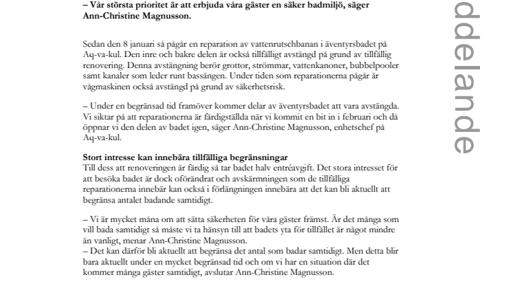 Aq-va-kul delvis avstängt under en begränsad tid