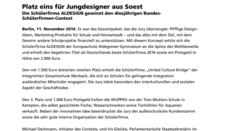 Platz eins für Jungdesigner aus Soest - Die Schülerfirma ALDESIGN gewinnt den diesjährigen Bundes-Schülerfirmen-Contest