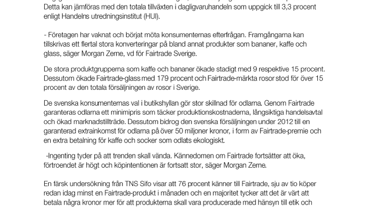 Bästa året någonsin för Fairtrade - försäljningen ökade 28 procent under 2012