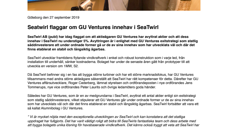 Seatwirl flaggar om GU Ventures innehav i SeaTwirl