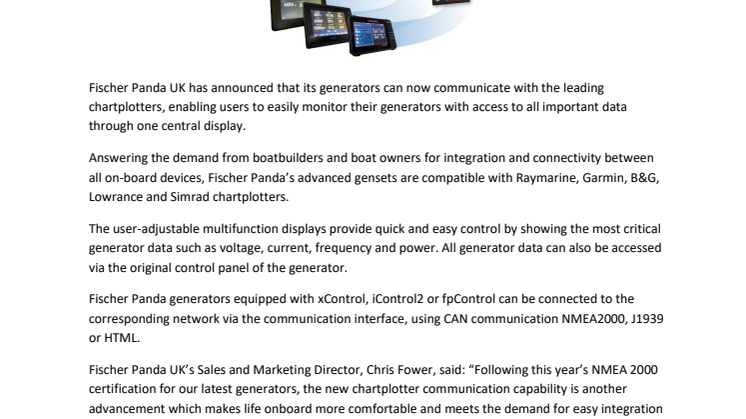 Fischer Panda Generators can now Communicate with Leading Chartplotters
