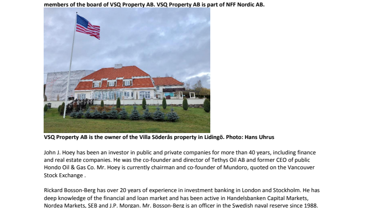 John J. Hoey and Rickard Bosson-Berg new board members in VSQ Property AB