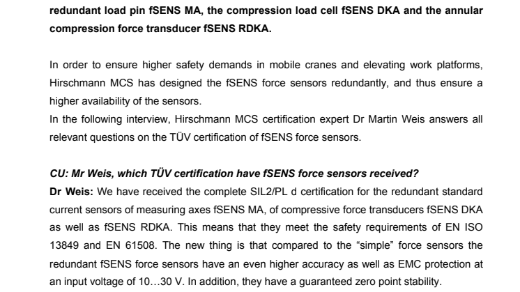 True Safety: TÜV certification for redundant force sensors of Hirschmann MCS 