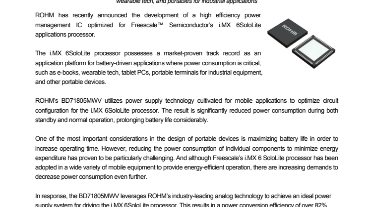 High Efficiency Power Management IC for Freescale i.MX 6SoloLite Processors -- Contributes to greater miniaturization and longer operating times in e-books,  wearable tech, and portables for industrial applications