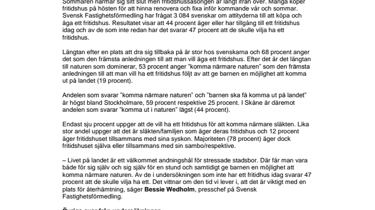 Bobarometern: Natur och avskildhet får svenskarna att köpa fritidshus