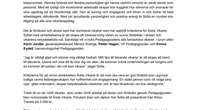 Vinnare av Årets Vikarie 2016 – Sofia Selenius 27 år från Johanneshov, Stockholm