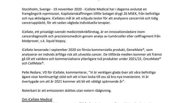 iCellate Medical tillför 26 MSEK via nyemission