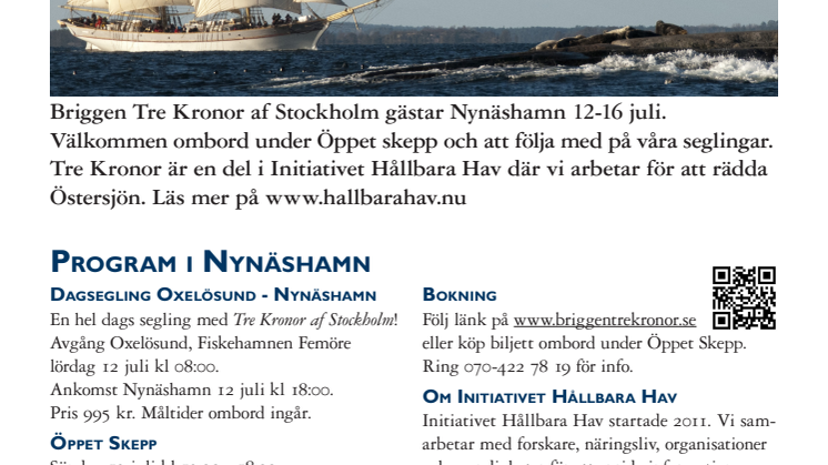 Hållbara Hav och briggen Tre Kronor kommer till Nynäshamn 12-15 juli